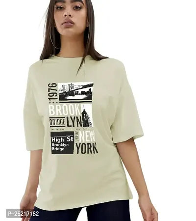 CALM DOWN Round Neck Oversized Printed Brooklyn1976 T-Shirt for Women (XX-Large, Cream)
