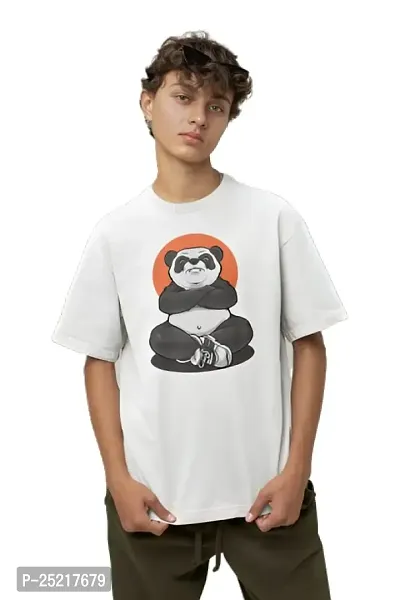 Calm Down Round Neck Oversized Printed WPanda Tshirt for Men (Large, White)-thumb0