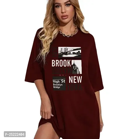 CALM DOWN Round Neck Oversized Printed Brooklyn1976 T-Shirt for Women (X-Large, Maroon)