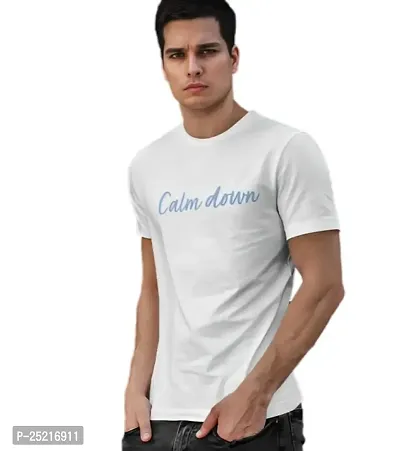 CALM DOWN Round Neck Half Sleeve Printed CDBlue T-Shirt for Men (Medium, White)