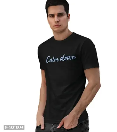 CALM DOWN Round Neck Half Sleeve Printed CDBlue T-Shirt for Men (Large, Black)