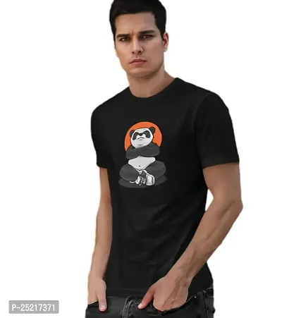 CALM DOWN Round Neck Half Sleeve Printed PandaBlack T-Shirt for Men (Large, Black)