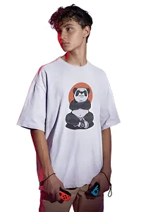 Calm Down Round Neck Oversized Printed WPanda Tshirt for Men (Large, White)-thumb2