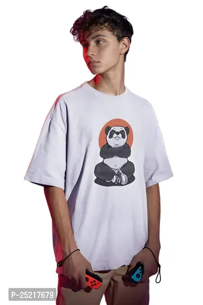 Calm Down Round Neck Oversized Printed WPanda Tshirt for Men (Large, White)-thumb3