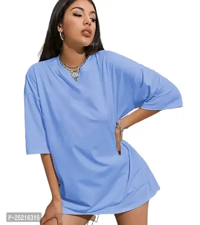 CALM DOWN Round Neck Oversized Plain T-Shirt for Women (Large, Blue)