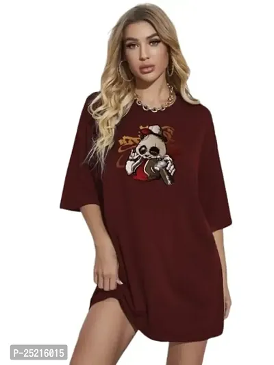 CALM DOWN Round Neck Oversized Printed T Shirt for Women (XX-Large, Maroon)