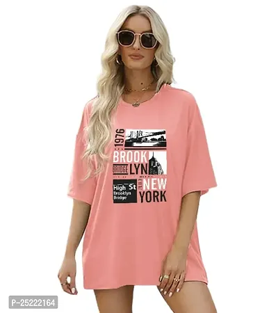 CALM DOWN Round Neck Oversized Printed Brooklyn1976 T-Shirt for Women (Medium, Pink)