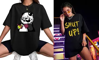 CALM DOWN Round Neck Oversized Printed T-Shirt for Women (XX-Large, Panda-ShutUp)-thumb2