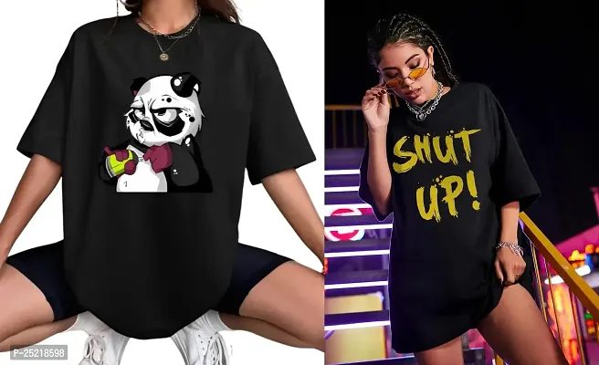 CALM DOWN Round Neck Oversized Printed T-Shirt for Women (XX-Large, Panda-ShutUp)-thumb3