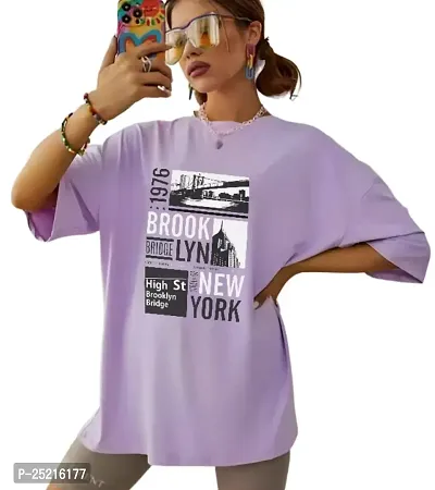 CALM DOWN Round Neck Oversized Printed Brooklyn1976 T-Shirt for Women (Medium, Purple)