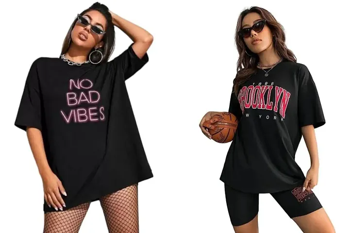 CALM DOWN Round Neck Oversized Printed T-Shirt for Women