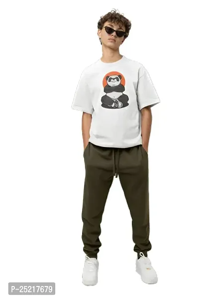 Calm Down Round Neck Oversized Printed WPanda Tshirt for Men (Large, White)-thumb5