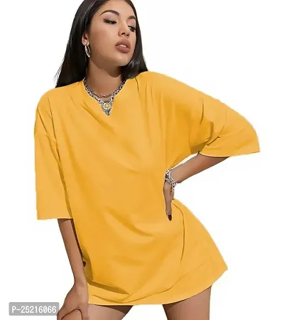 CALM DOWN Round Neck Oversized Plain T-Shirt for Women (Small, Mustard)