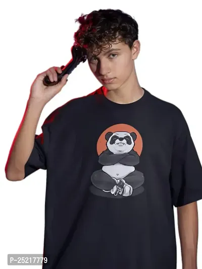 Calm Down Round Neck Oversized Printed WPanda Tshirt for Men (Medium, Black)-thumb3