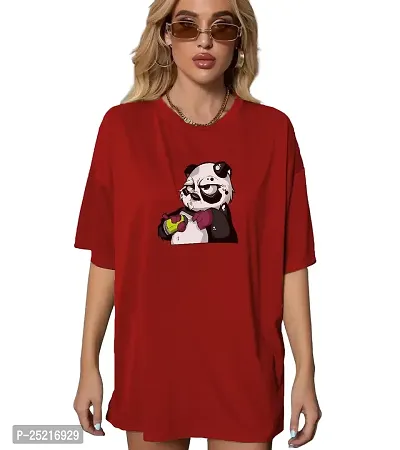 CALM DOWN Round Neck Oversized Printed T-Shirt for Women (Medium, Red)