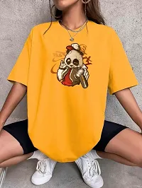 CALM DOWN Round Neck Oversized Printed T Shirt for Women (Small, Mustard)-thumb2