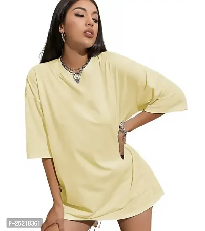 CALM DOWN Round Neck Oversized Plain T-Shirt for Women (X-Large, Cream)