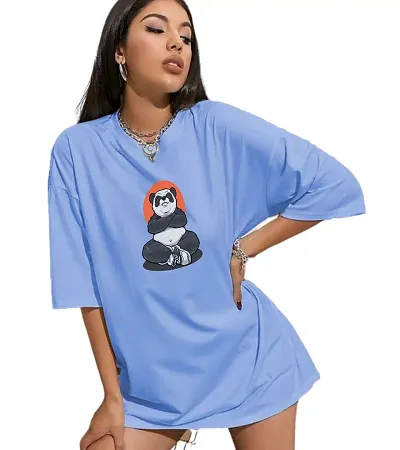 CALM DOWN Round Neck Oversized Printed Pandablack T-Shirt for Women
