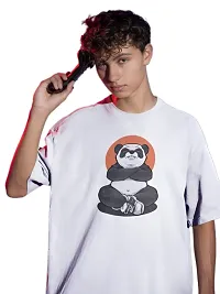 Calm Down Round Neck Oversized Printed WPanda Tshirt for Men (Large, White)-thumb3