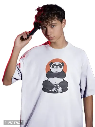 Calm Down Round Neck Oversized Printed WPanda Tshirt for Men (Large, White)-thumb4