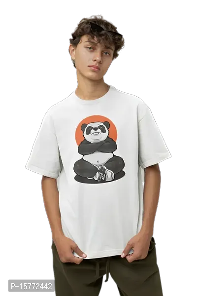 Calm Down Round Neck Oversized Printed PandaBlack T-shirt for Men