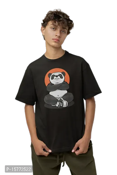 Calm Down Round Neck Oversized Printed PandaBlack T-shirt for Men