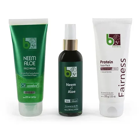 B3+ herbal oil control treatment kit combo neem  aloe face wash, neem  aloe toner, protein face pack