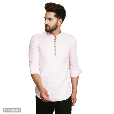 Banity Bey Men's Cotton Blend Stylish Pink Shirt Cum Kurta-thumb0