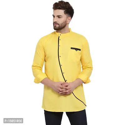 Banity Bey Cotton Blend Designer Short Kurta for Men (Yellow)-thumb0