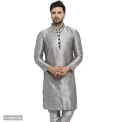 Bontestitch Dupion Silk Regular Fit Kurta for Men (Silver)-thumb0