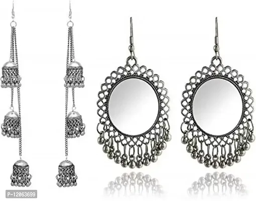 xidized Silver Trending Triple Jhumki with Round Mirror Alloy Combo for Women Metal Huggie Earring