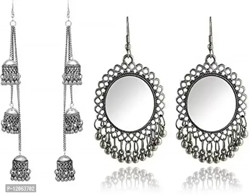 Silver Trending Triple Jhumki with Round Mirror Alloy Combo for Women Metal Jhumki Earring-thumb0