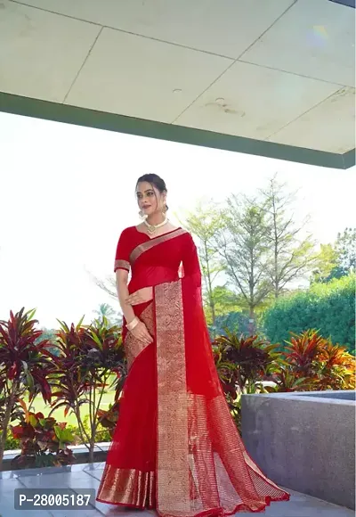 Elegant Red Organza Designer Saree With Zari Border Attached Blouse