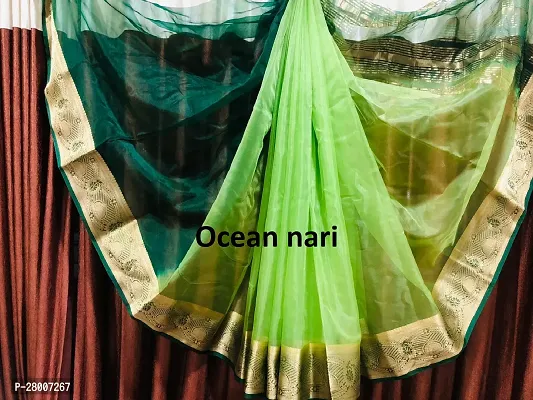 Elegant Green Organza Designer Saree With Zari Border Attached Blouse-thumb5