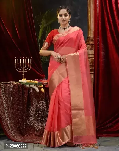 Stylish Red Organza Designer Saree With Zari Border Attached Blouse