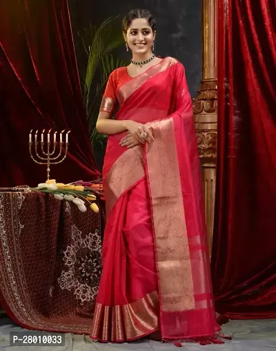 Elegant Red Organza Designer Saree With Zari Border Attached Blouse
