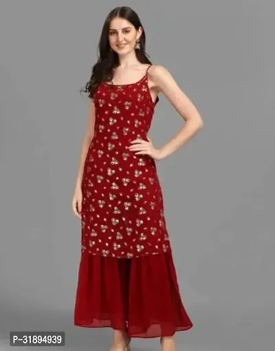 Stylish Red Georgette Printed Kurta Bottom Set For Women-thumb0