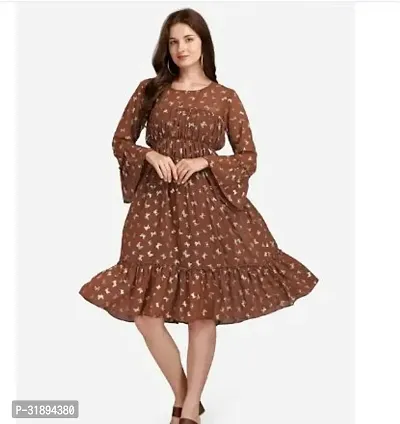 Stylish Brown Georgette Printed A-Line Dress For Women-thumb0