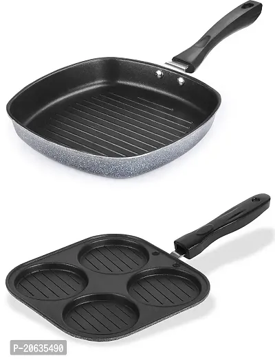 Swarambh Square Grill Pan Tandoori Tawa (23cm)  Mini Grill Uttapam Tawa/Crepe Pan Pancake Pan 4 in 1 (19.5cm) Combo Pan (Aluminium ? Hammertone - Black  Grey - Non Stick pan for Kitchen)-thumb0