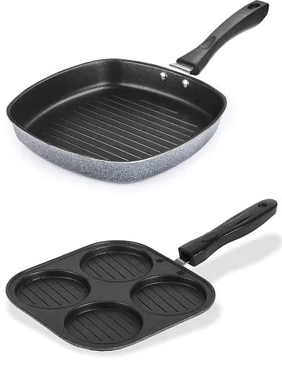 Swarambh Square Grill Pan Tandoori Tawa (23cm) & Mini Grill Uttapam Tawa/Crepe Pan Pancake Pan 4 in 1 (19.5cm) Combo Pan (Aluminium ? Hammertone - Black & Grey - Non Stick pan for Kitchen)