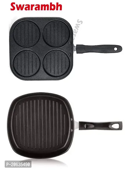 Swarambh Square Grill Pan Tandoori Tawa (23cm)  Mini Grill Uttapam Tawa/Crepe Pan Pancake Pan 4 in 1 (19.5cm) Combo Pan (Aluminium ? Hammertone - Black  Grey - Non Stick pan for Kitchen)-thumb2