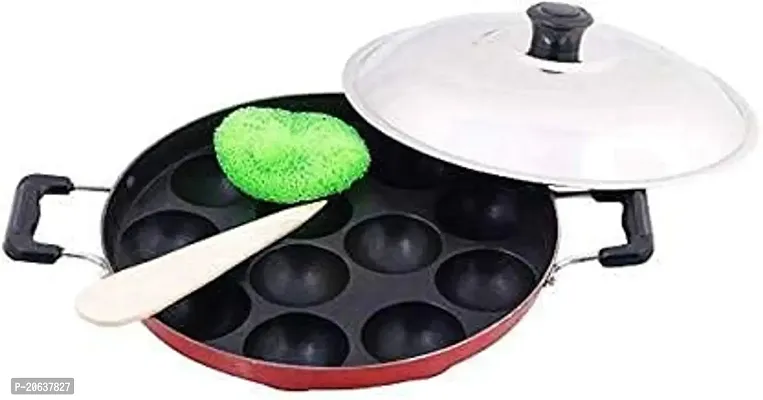 Wheel Crew 12 Cavities Non Stick Appam Patra with Lid | Aluminum Appam Pan | Cake Maker (Paniyarrakal/Paniyaram) - Red-thumb0