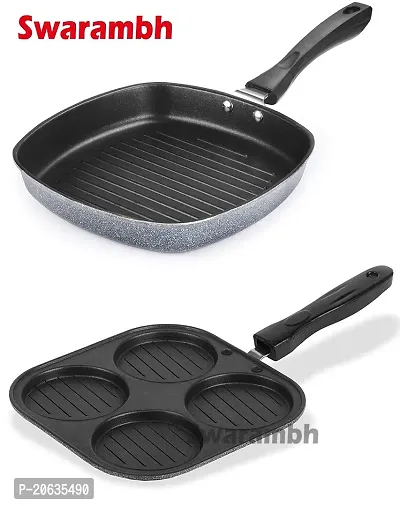 Swarambh Square Grill Pan Tandoori Tawa (23cm)  Mini Grill Uttapam Tawa/Crepe Pan Pancake Pan 4 in 1 (19.5cm) Combo Pan (Aluminium ? Hammertone - Black  Grey - Non Stick pan for Kitchen)-thumb4