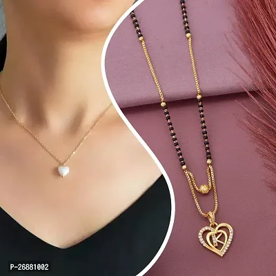 Beautiful Micro Gold Plated American Diamond Beautiful Love Heart Shape Daily wear Necklace And Manglsutra Combo for Women and Girls(PACK OF 2)