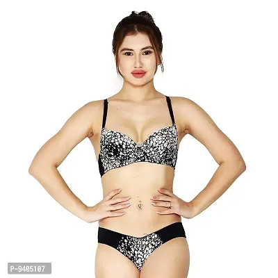 Priyank Women Floral Print Underwired Imported Seamless Padded Bra Panty Set| Sexy Lingerie Sets/Honeymoon Sets (Black, 36)-thumb2