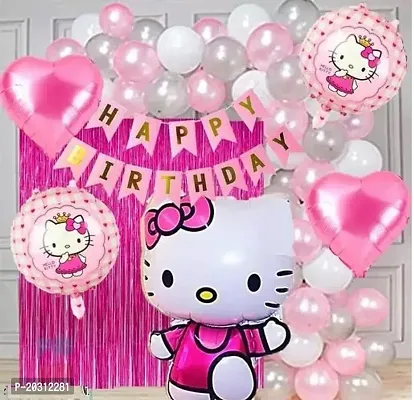 Kitty Birthday combo set with 1 happy Birthday Pink Papper Banner , 5 pcs Set Of Hello Kitty , 2 pink Curtains 30( Pink , White , sliver )