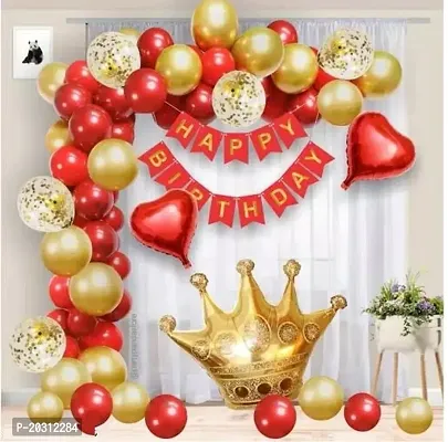 Happy Birthday Decoration Cpmbo Set Items/ Red Color Happy Birthday Banner With 1 golden Crown with 2 Heart Red in colour With 50 red and 20 Golden Latex Mettalic Balloons / 6 confetti balloons with arch and glue dot For Decoration-thumb0