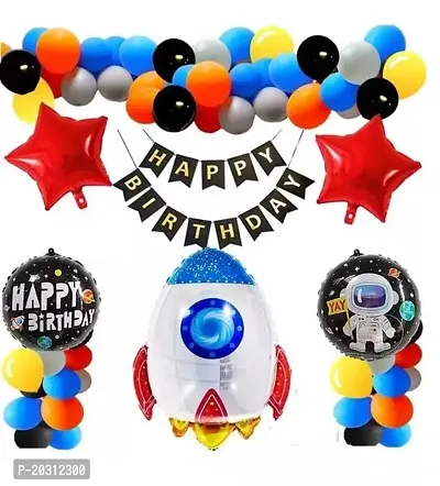 Rocket Space Theme Birthday decoration kit Happy Birthday Black Banner / 5 pcs Set of Rocket Space / 10 red /10 yellow /10blue /10black / 10 Sliver Metalic Balloons