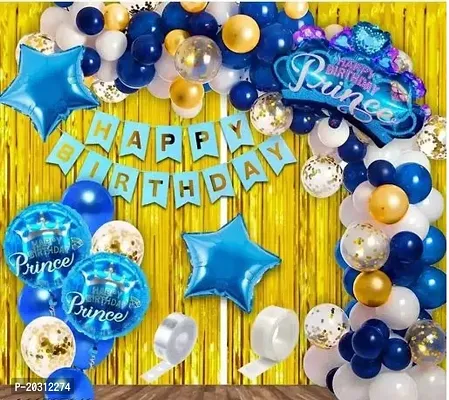 Prince Decoration Theme :- 5 pcs Prince theme combo set |1 Happy Birthday Banner |2 Golden Curtains | 36 Metallic balloons +4 confetti | 1 glue dot | 1 arch Best combo for your Prince