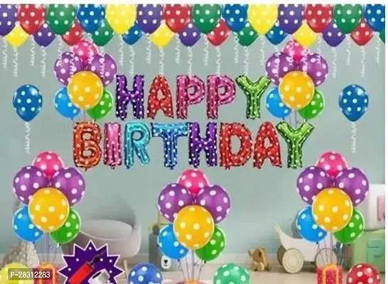 Multicolor Happy Birthday decoration Items Combo Kit With Happy Birthday Letters In Multicolor| 30 Polkadote Multicolor Balloons With 1 Pump And 5 ribbon For Inhence your Decoration Party